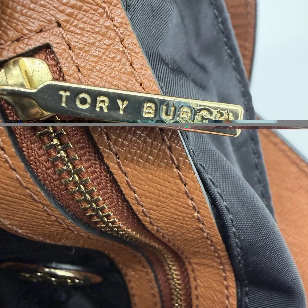 Tory Burch Penn Black Nylon Leather Crossbody With Logo Tag Gold Tone Hardware